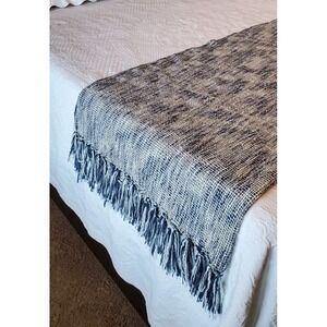 Max Studio Home Boho Woven Throw Blanket 58x51 Plus 4.5" Tassels Blue White